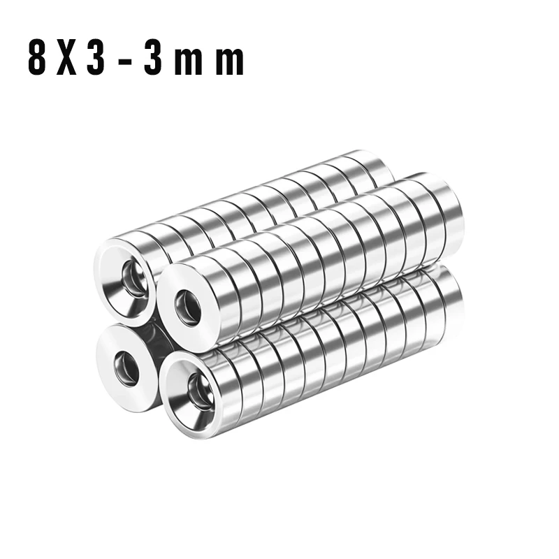 10/20Pcs 8X3 Hole 3mm Neodymium Magnet 8mm X 3mm Hole 3mm NdFeB N35 Round Super Powerful Strong Permanent Magnetic Imanes Disc