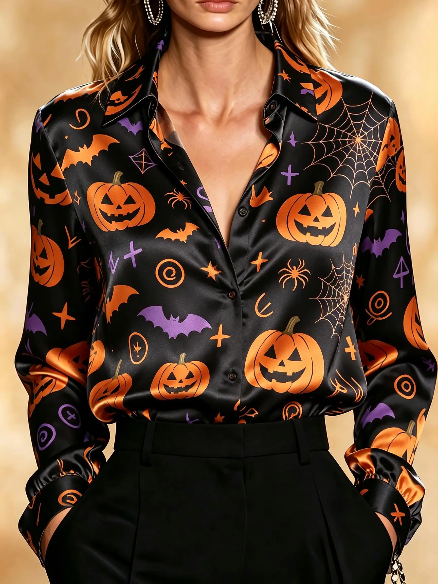 Women Lapel Long Sleeve Button‑Down Satin Shirt Halloween All‑Over Print Pumpkin Bat Spider Web Ghost Cat Graphic Tops