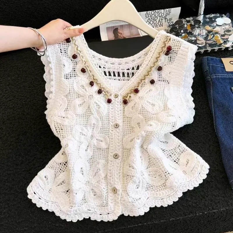 Boring Honey Women's V-Neck Crochet Hollow Out Vest Summer Korean Style Loose Sleeveless Top Short Tank Top Casual Beachwear