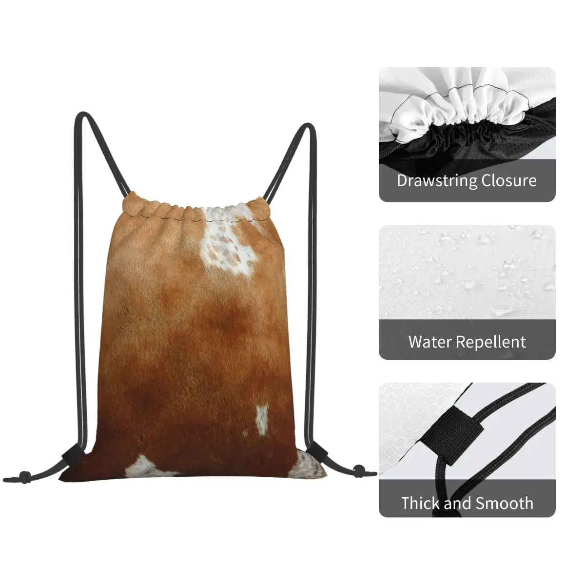 Stylish Cow Fur Cowhide Texture Cow Skin Print Patter Backpacks Casual Drawstring Bags Sports Bag Book Bags for Travel School