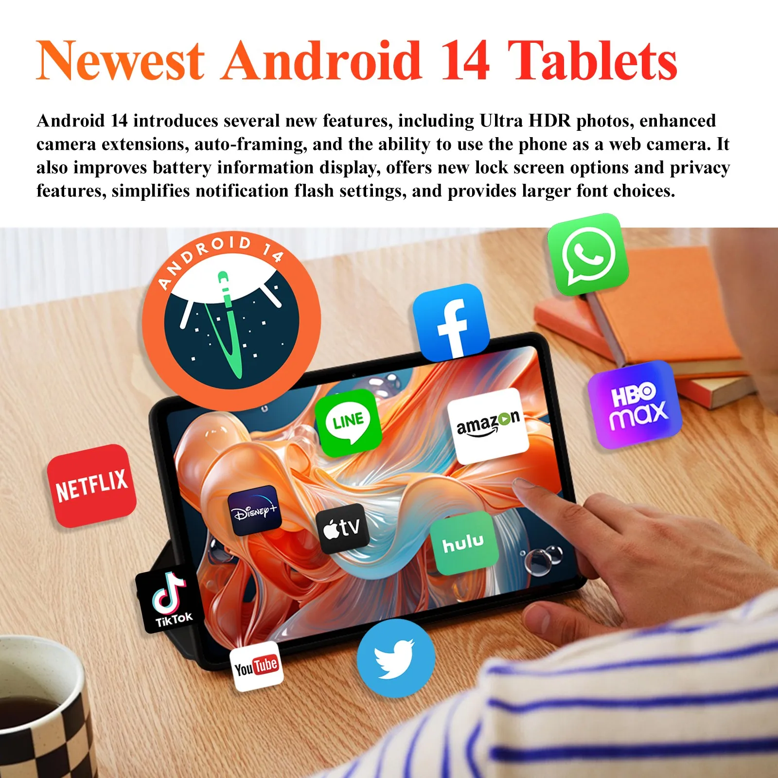 SUXI A9 Tablet Android 14 de 11 polegadas – 14 GB de RAM (6 + 8) + 256 GB, 4G LTE + WiFi duplo, bateria de 6000 mAh, leve e potente para Stu