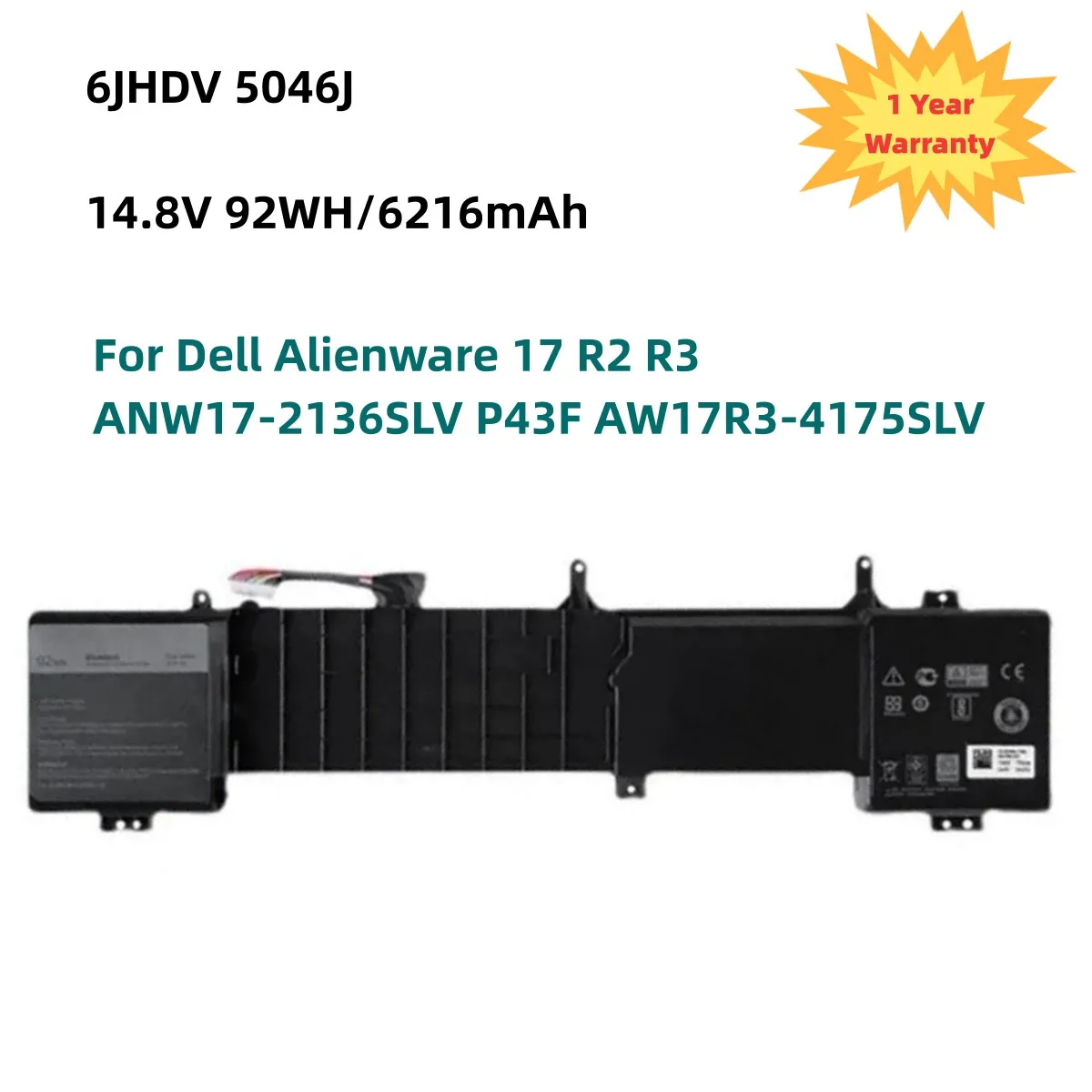 

New 6JHDV 5046J Laptop Battery For Dell Alienware 17 R2 R3 ANW17-2136SLV P43F AW17R3-4175SLV 14.8V 92Wh