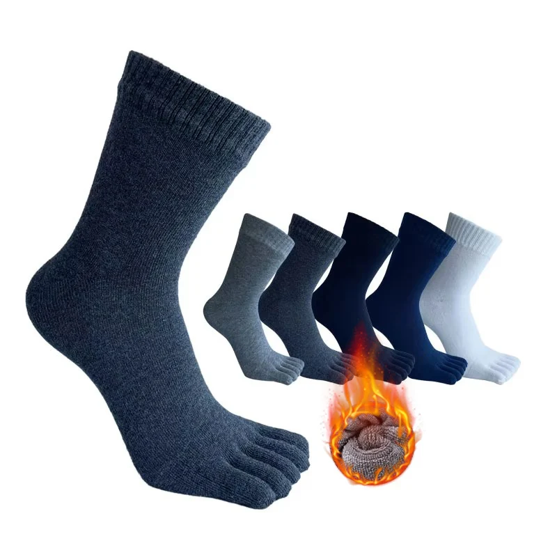 

Зимние носки с толстым носком, мужские однотонные хлопковые деловые мягкие впитывающие пот носки, сохраняющие тепло, напольные носки против холода, снега, махровые носки с пятью пальцами