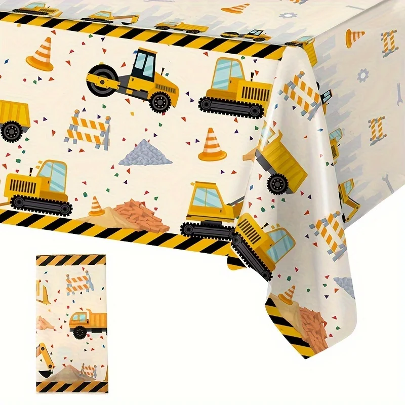 Halloween, Christmas, 1pc, Engineering Vehicle Tablecloth, 86.61 X 51.18inch, Disposable Plastic Table Cover, Construction Theme