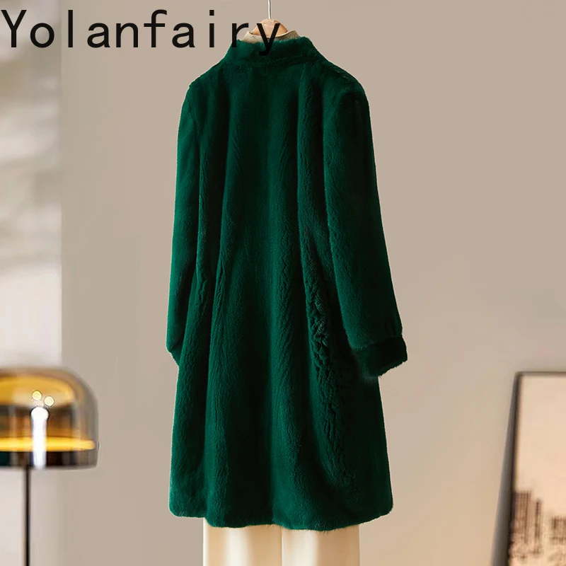 YOLANFAIRY معطف الفرو الطبيعي النساء ملابس الخريف الشتاء منتصف طول كامل فرو المنك الستر للمرأة الخامس الرقبة معاطف الفرو الأخضر