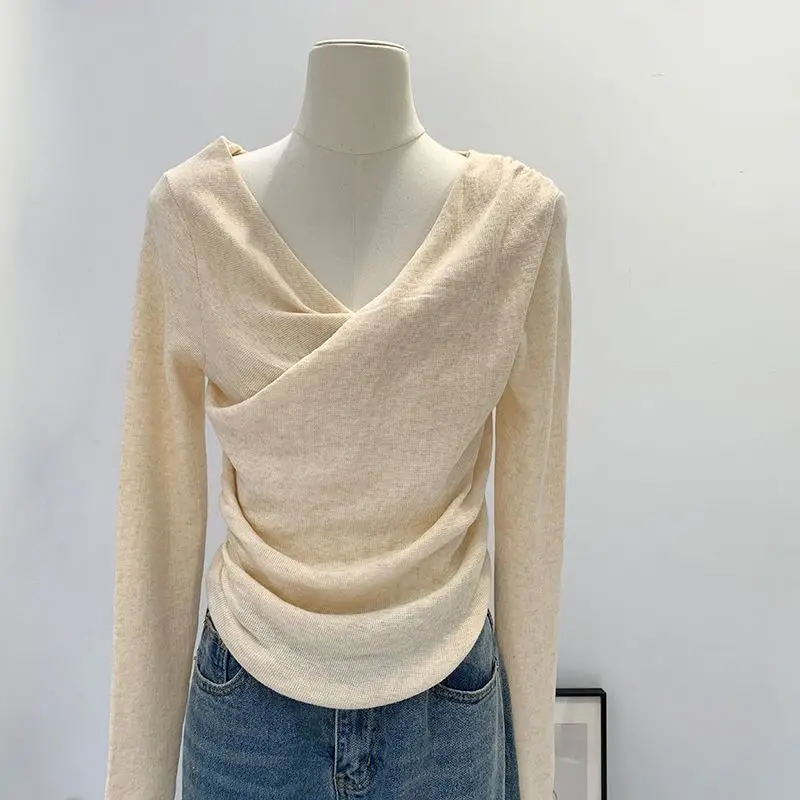 

Pink French Chic Ruffled and Pleated Long Sleeve Knit Sweater for Women, Spring Simple Ladylike Korean Style Top