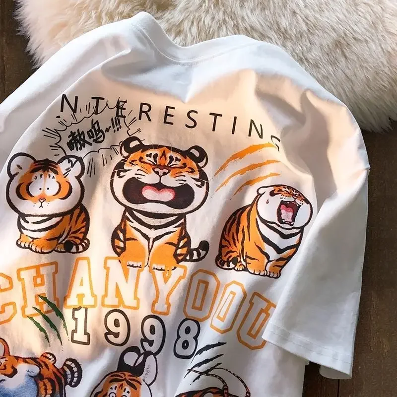 

American creative cartoon tiger print short sleeved T-shirt for men and women ins summer loose casual couple top y2k clothes