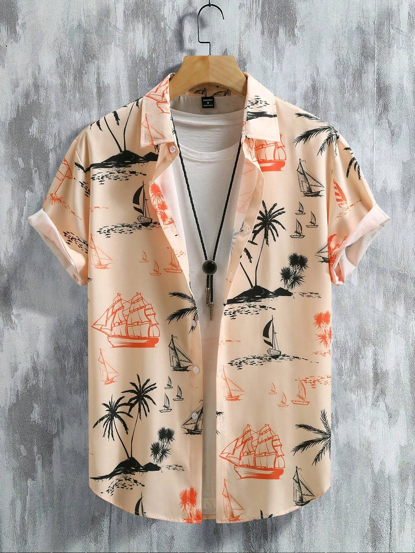 Hawaiian Style Fresh Coconut Tree Graphic Printmen's Short-Sleeved Fashion Shirt Men's Summer Outdoor Vacation Button-Down Shirt