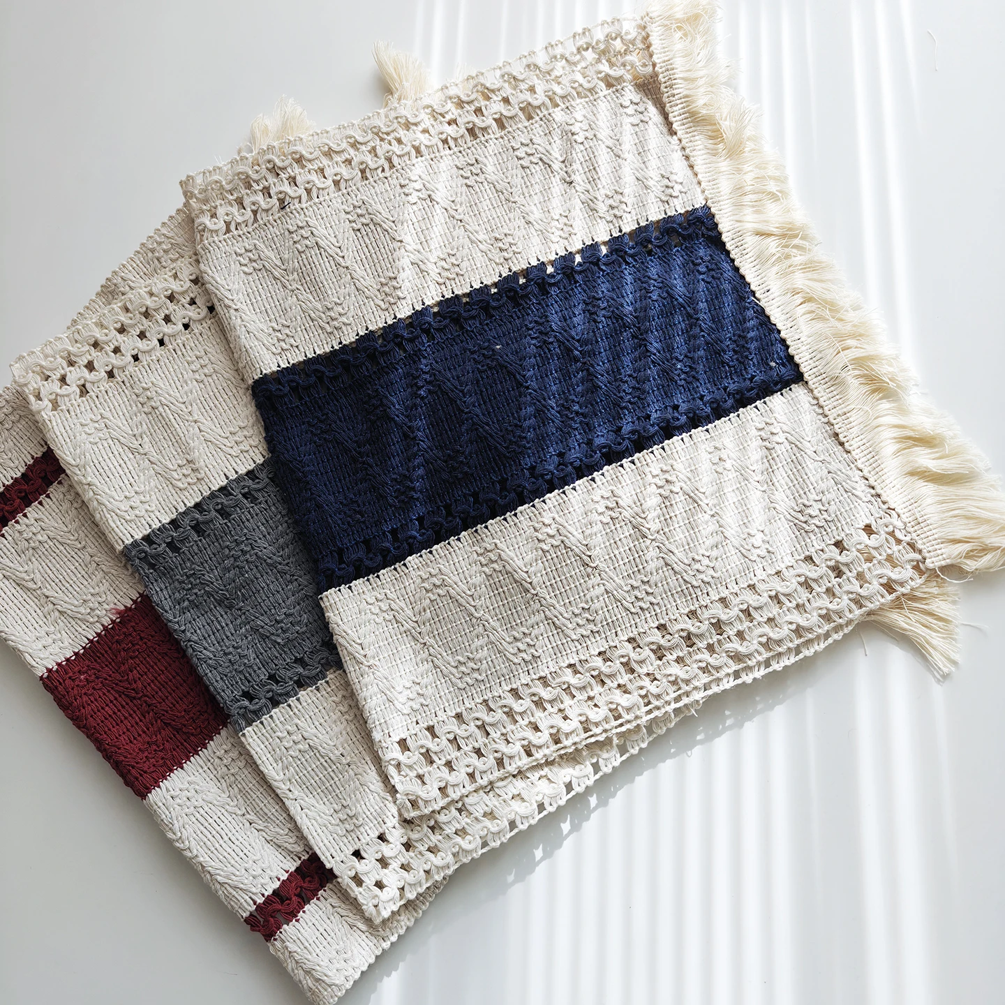 Non-Slip Fabric Dining Mat Western Tableware Pad Tassel Bordered Striped Weave Photography Background Cloth Rectangular Shape