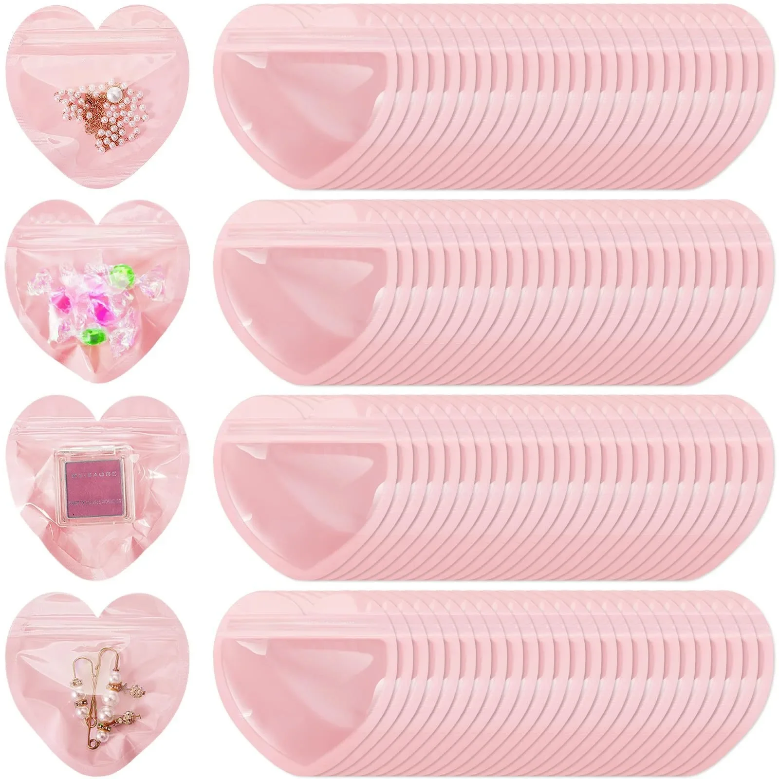 

1-50pc Cute Love Shaped Self Sealing Bag Pink Valentine's Day Jewelry Gift Bag Bride To Be Wedding Small Accessory Packaging Bag