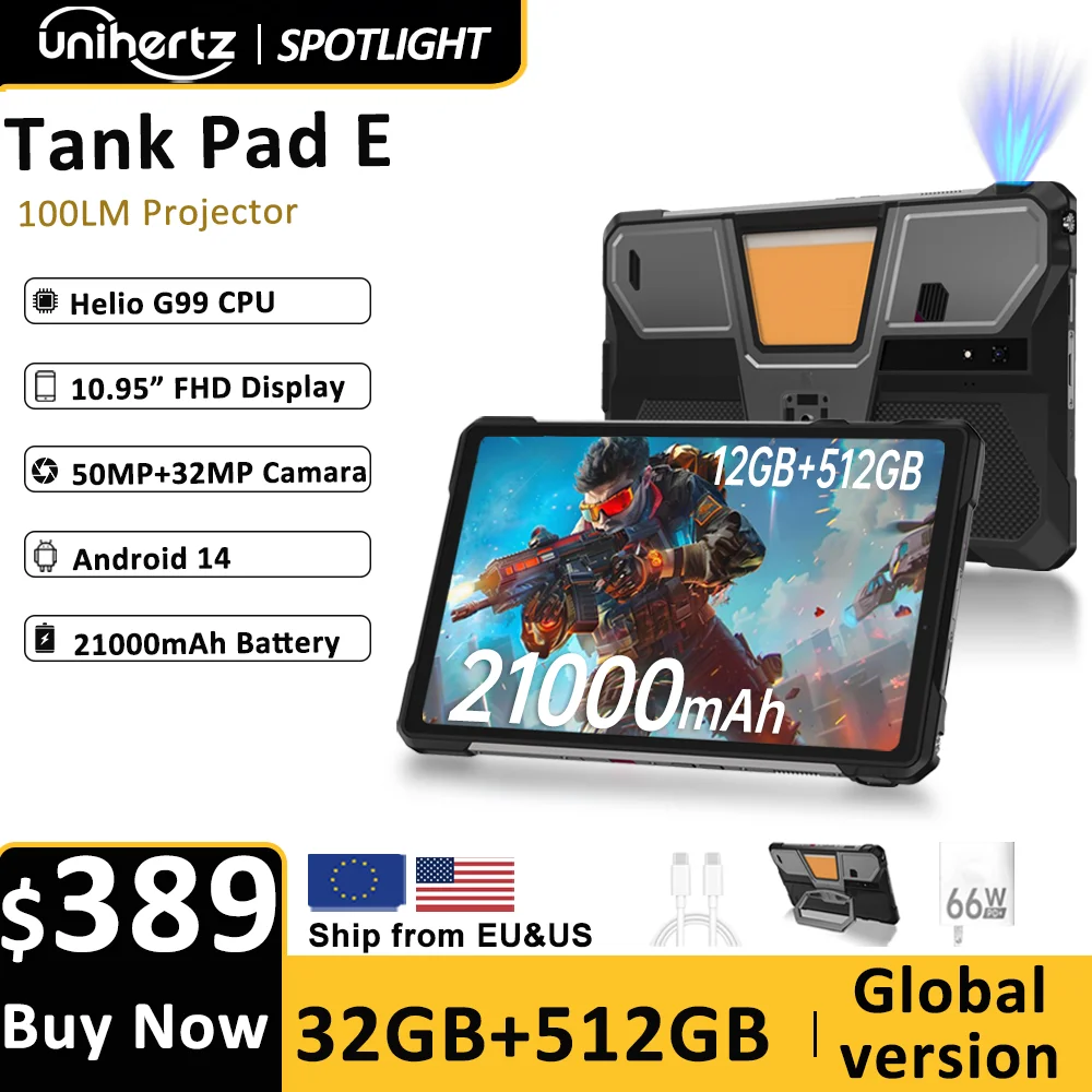 Unihertz 8849 TANK PAD E Rugged Projector Tablet Smartphone 10.95 inch 120Hz 24GB 512GB Phone 21000mAh 32MP+50MP 66W Tablet