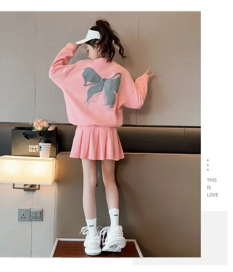 2024 autumn winter sailor plaid bowknot white sweatshirt t shirt + jk skirt toddler girls teenager children set 9 10 11 12 year