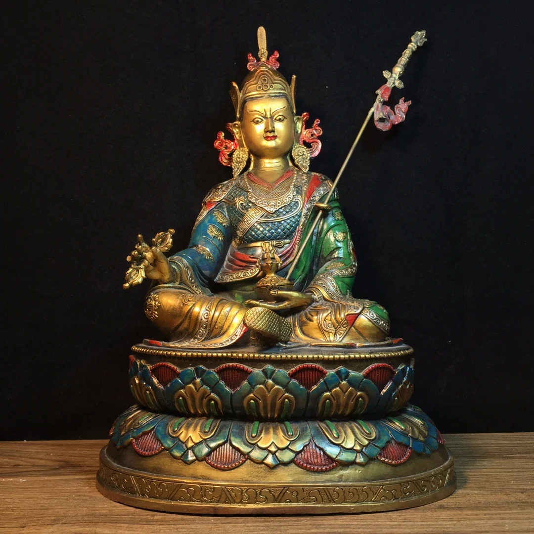 36cm high pure copper painted Tibetan Buddhist Padmasambhava Guru Rinpoche Master Tibetan Buddha statue