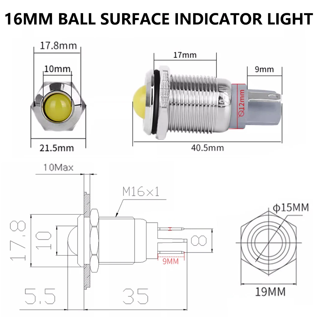ABILKEEN 10PCS 16MM Metal LED Indicator Light AC/DC 3~220V IP65 Waterproof Mini Signal Pilot Lamp with 2Pin Solder Terminal