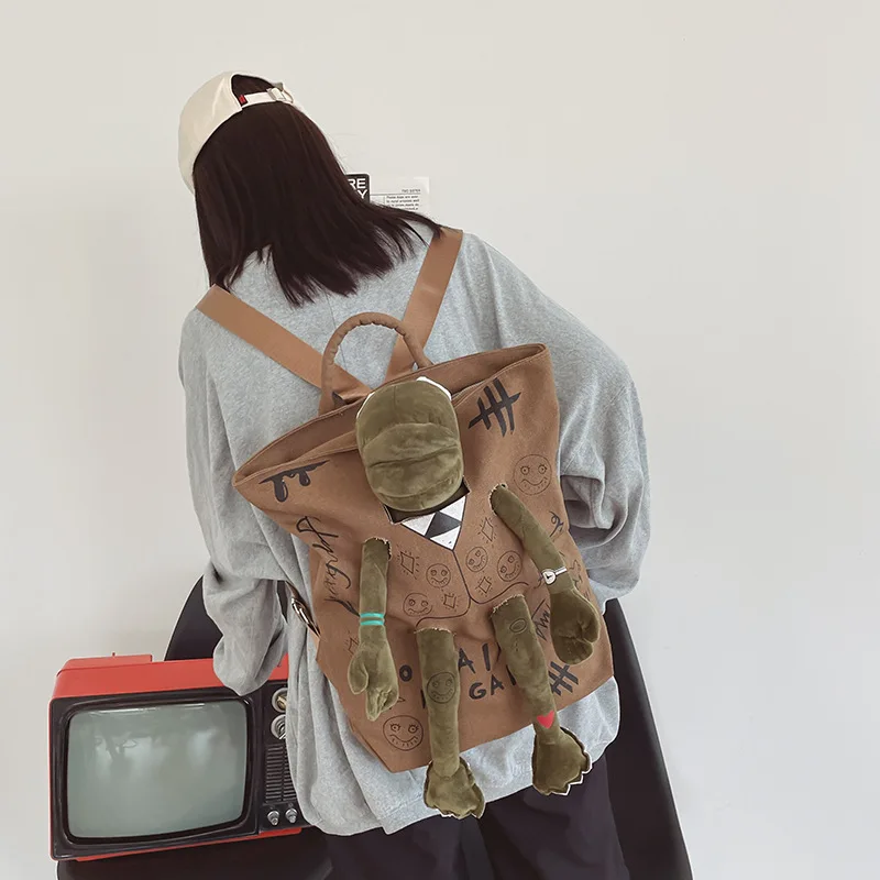 

Backpacks For Women Graffiti Inlaid Plush Frog Monster Zip Large Capacity School Backpack Men Travel Adjustable Outdoor Rucksack