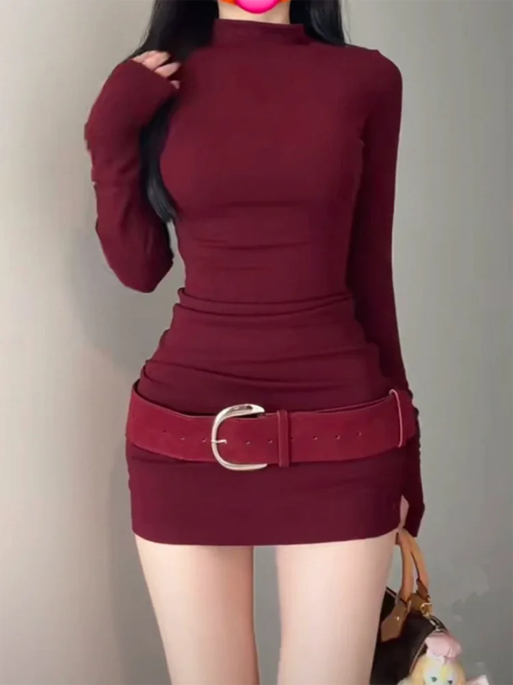 Langarm Schlank Bodycon Mini Kleid Frauen Rollkragen Party Weihnachten Kurze Abend Club Outfit Kleider Gürtel Soild Farbe