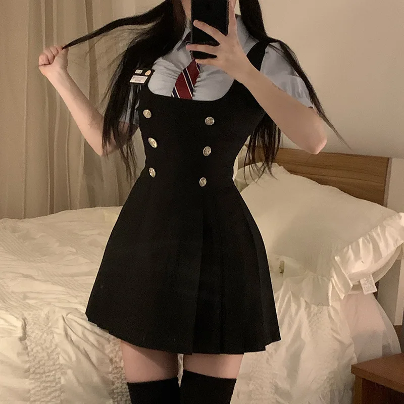 JK Vita alta Cintura dimagrante Ragazza piccante Camicia a maniche lunghe Bretelle nere Abito Set uniforme scolastica per le donne Estate