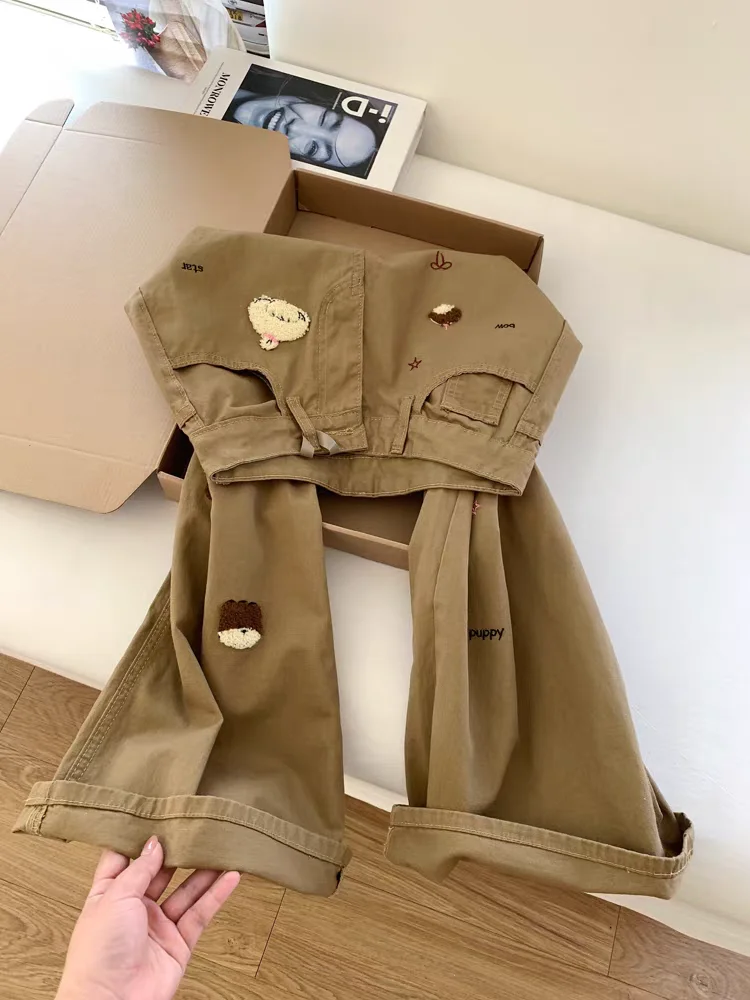 

Retro American Khaki Print Denim Jeans Women's Spring Design Unique Loose Versatile Straight Leg Long Pants