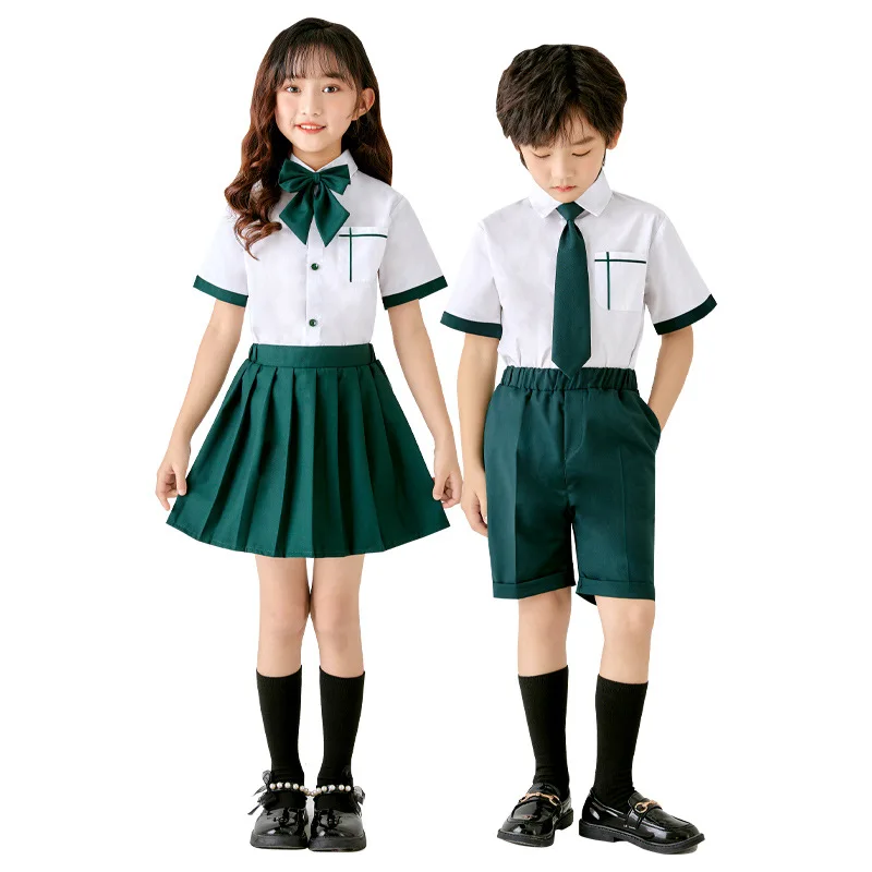 

Children's Green Shirt Pants/Skirt 2pcs Clothing Sets Boys Girls Summer School uniform Twins Kindergarten Photography Dress