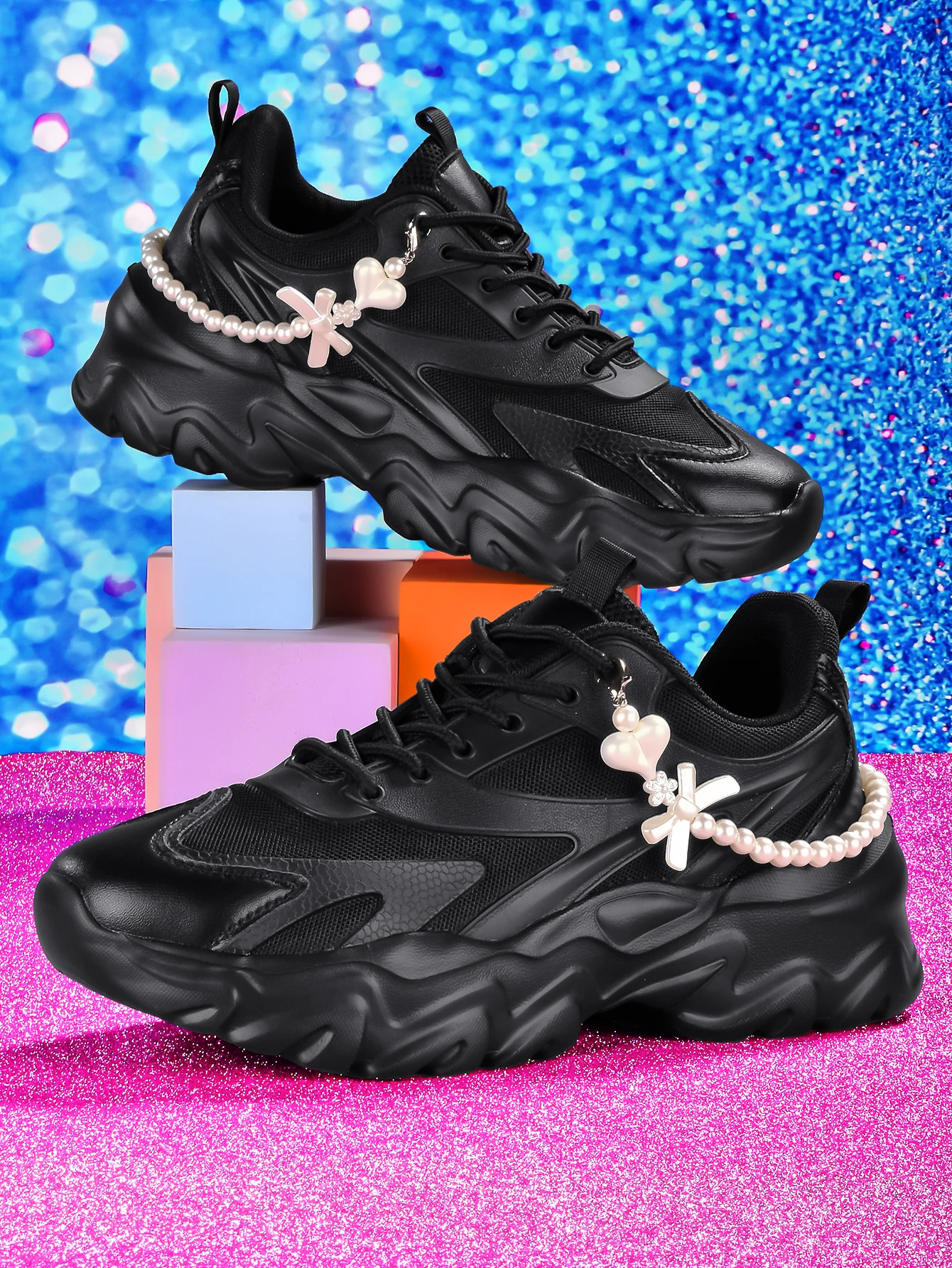 

Women's Outdoor All-Season Dad Shoes, Thick-Soled Sneakers with a 5cm Height Increase in a Sweet-Cool Style, Black Sports Shoes with Detachable Personalized Pearl Chain Decoration, Breathable Mesh Upper, Lightweight Eva Outsole, Casual Shoes for Girls, Tr
