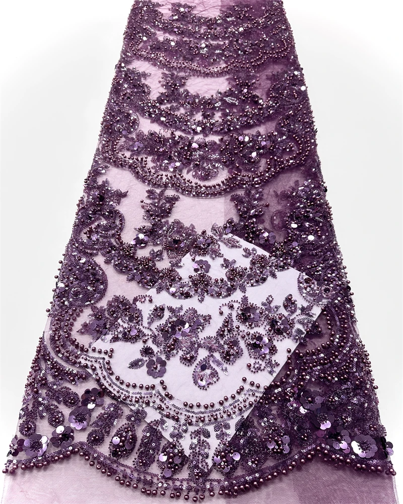 高品質のアフリカ産フランス製手作りビーズ生地2025縫製用スパンコール刺繍ナイジェリアレース生地（結婚式用）