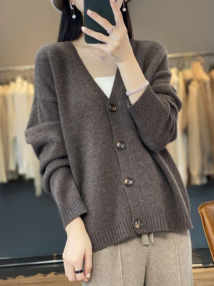 New Chic Women V-neck Cardigan Solid Soft Warm 100% Merino Wool Sweater Autumn Winter Casual Loose Cashmere Knitwear Korean Tops