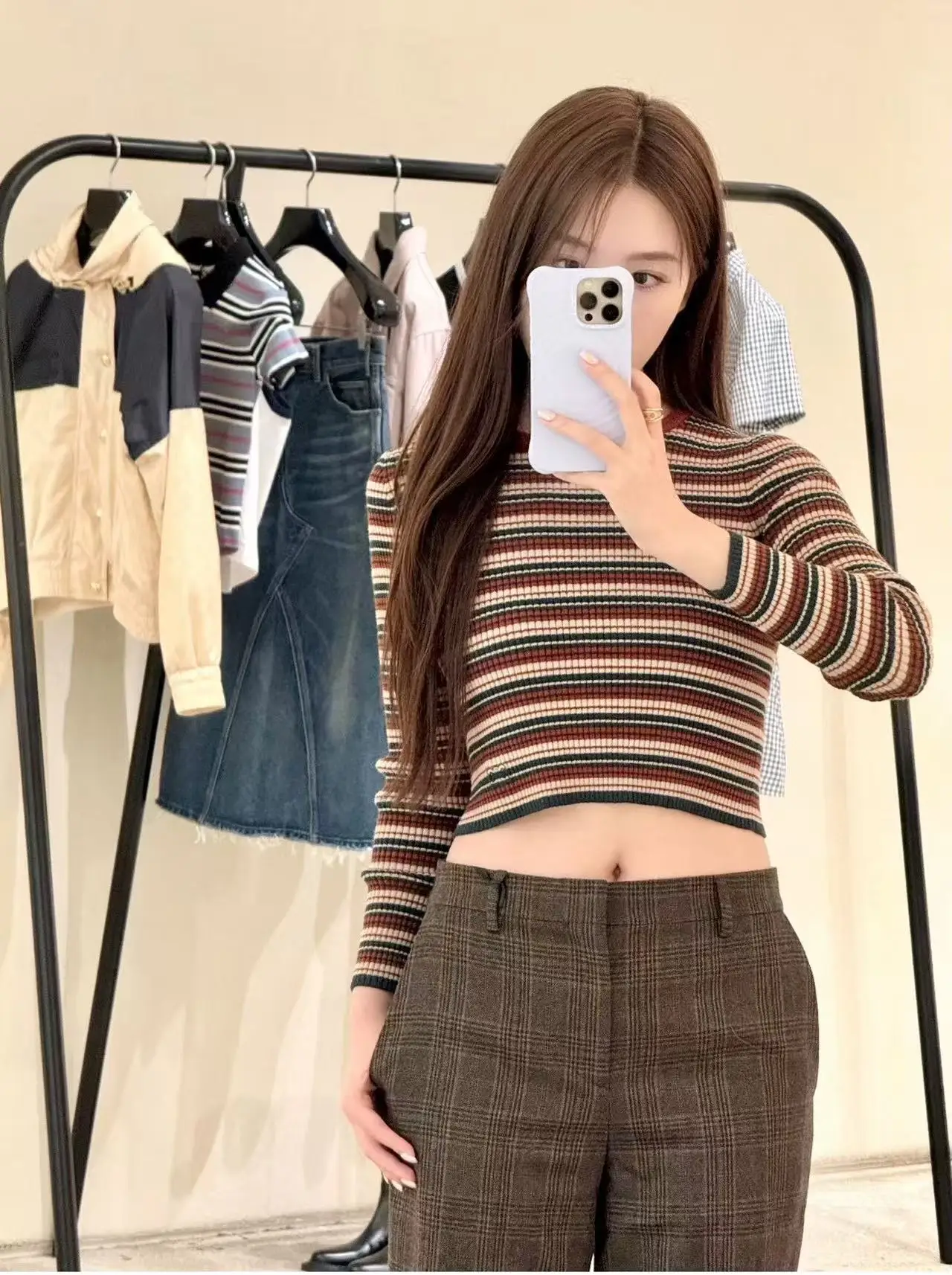 로티 가을 신상 니트 롱 스웨터 라운드넥 슬림핏 스웨터 자수 로고 스트라이프 캐주얼 울 혼방