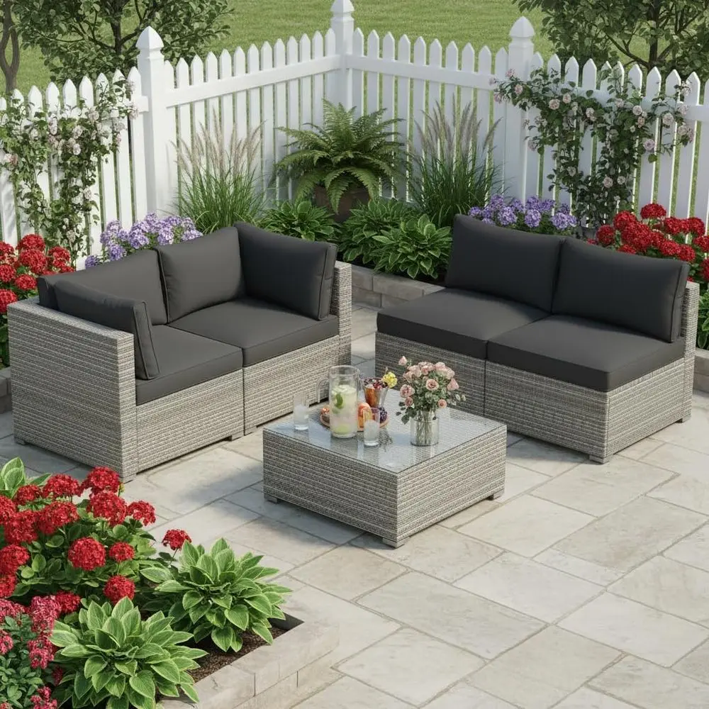 

5-Piece Outdoor Patio Sectional Sofa Set with PE Rattan, Glass Coffee Table, and Cushions for Garden and Poolside Use