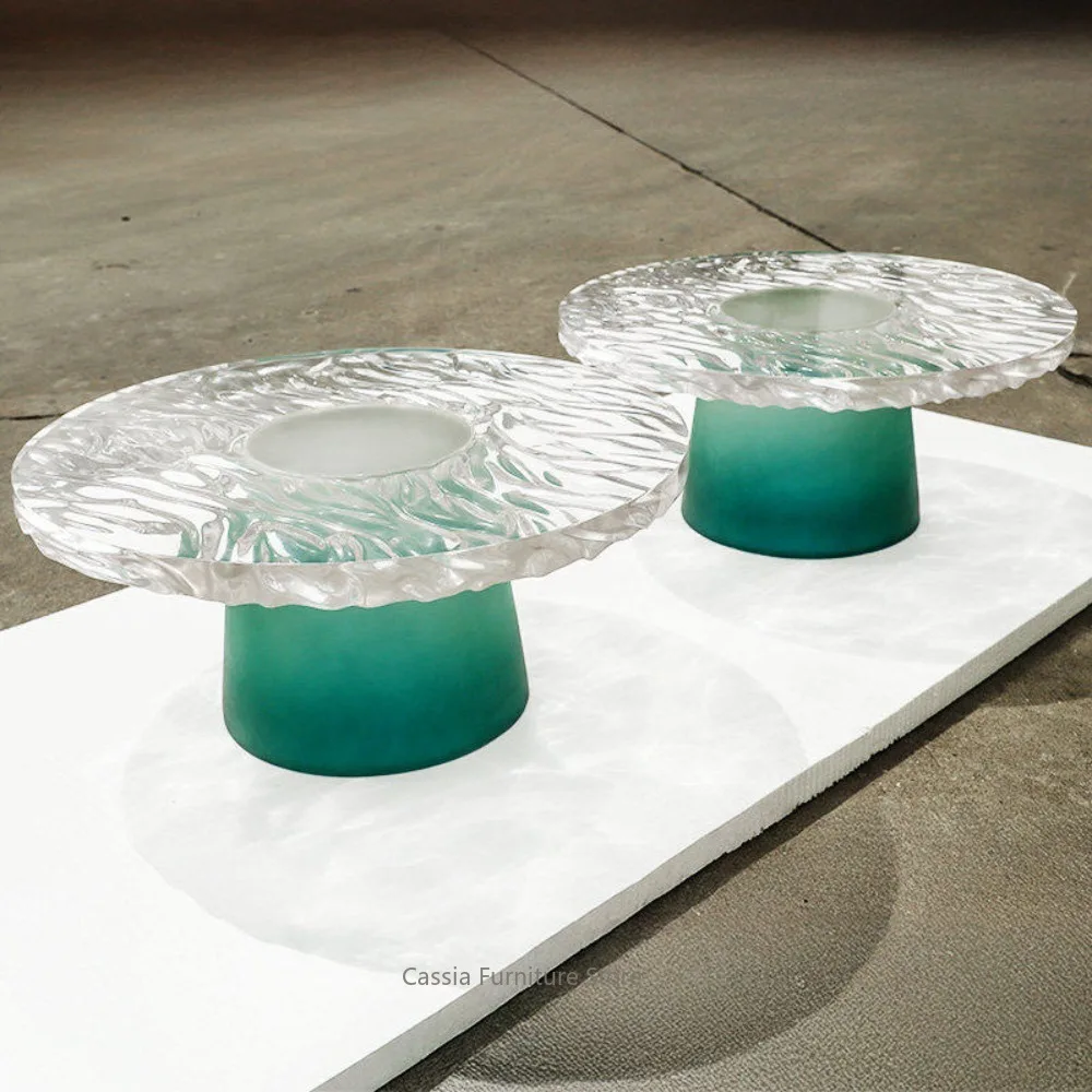 Water Ripple Resin Round Coffee Table for Living Room, Light Luxury Art Transparent Crystal Tea Desk, Acrylic Home Furniture
