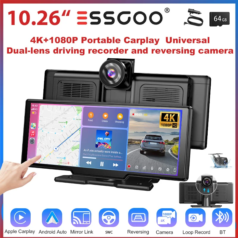 ESSGOO 10.26" 4K+1080p universeller tragbarer Touchscreen Autoradio kabelloses CarPlay Bluetooth Android Auto Doppel-Dashcam Rückfahrkamera FM für LKW Wohnmobile Pickups Busse