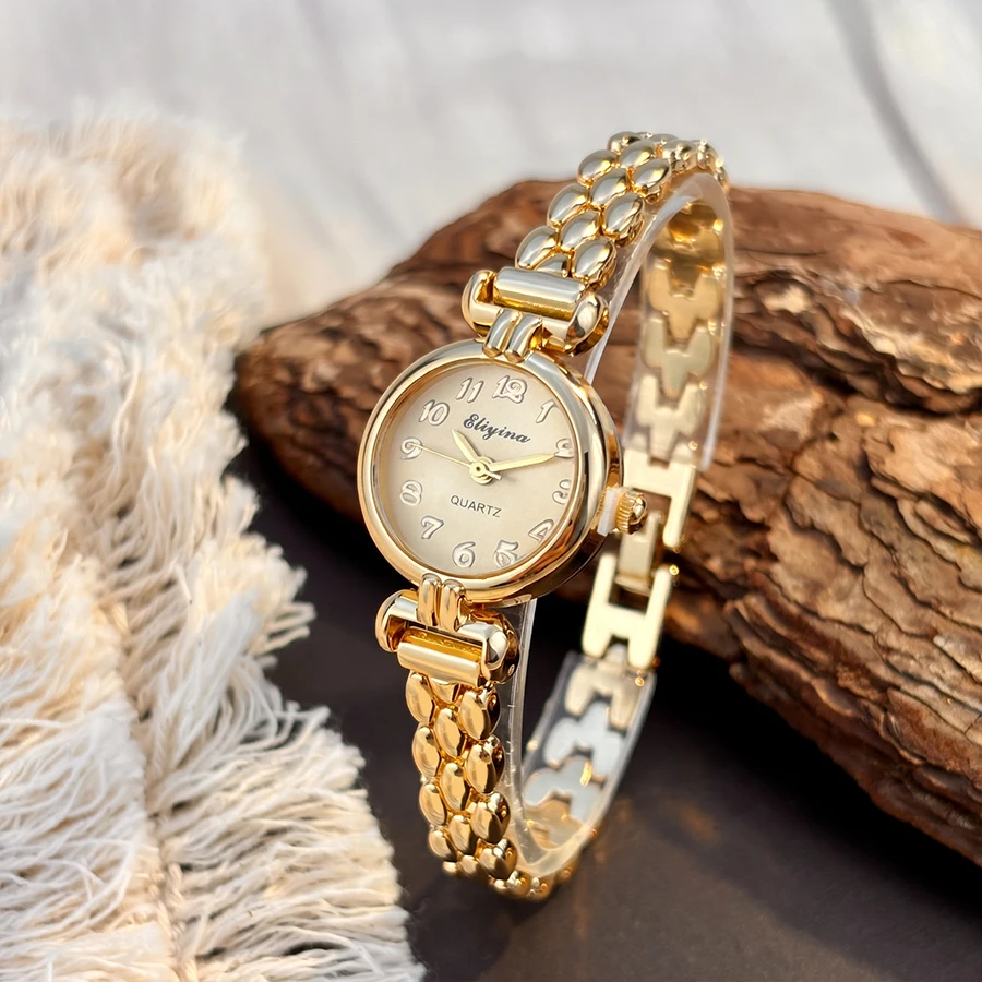 Vintage Round Dial Gold Rice Grain Strap Fashion Watch for Women