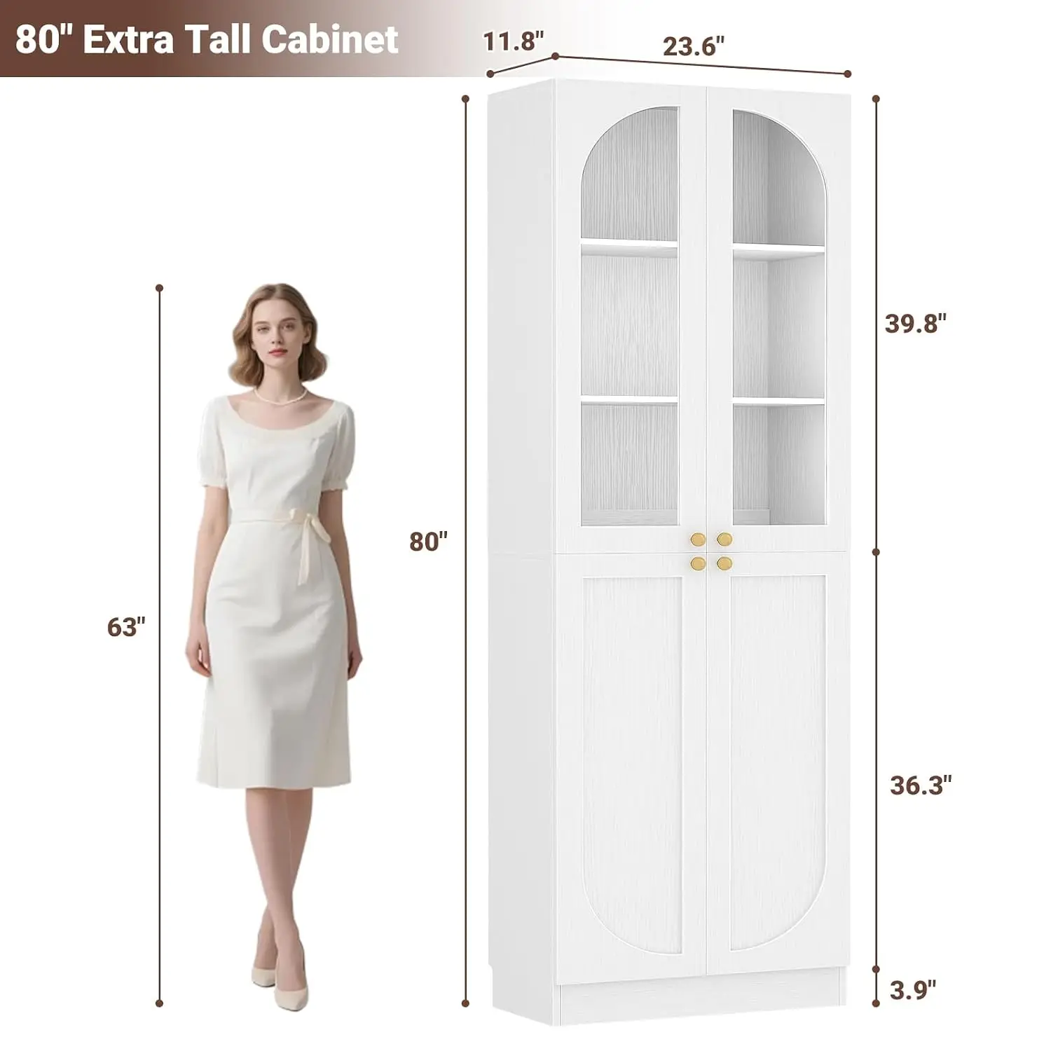 Tall Arch Storage Cabinet, Freestanding Wood Floor Cupboard Bookcase with Seamless Fit Wall for Dining Living Room, Bathroom