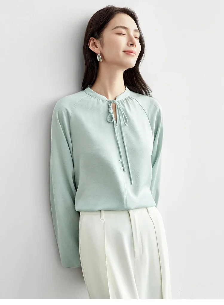 SENTUBILA Elegant Lace-up Blouses Women Spring 2025 French Style Loose Fit Chiffon Lantern Sleeve Stand Neck Pullovers 151V58147