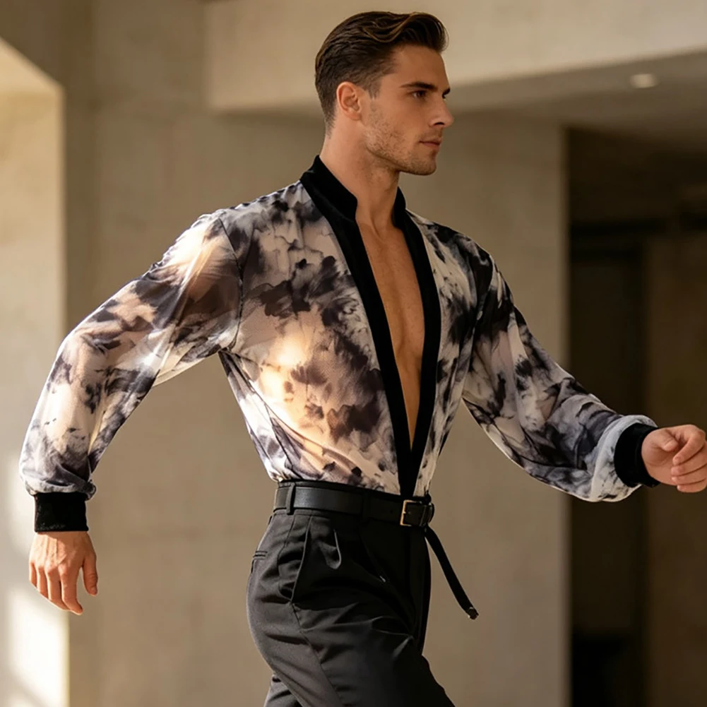 

Latin Dance Men's Shirt Samba Summer New Samba Jazz Practice Suit Deep V-Neck Men's Dance Mesh Jumpsuit Long Sleeve Printed