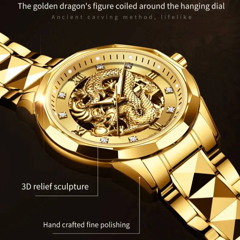 JSDUN 8840 Men Watch Luxury Hollow Gold All Dragon Carving Watch Diamond All Automatic Mechanical Watch Original Men Brand Watch - Image 4