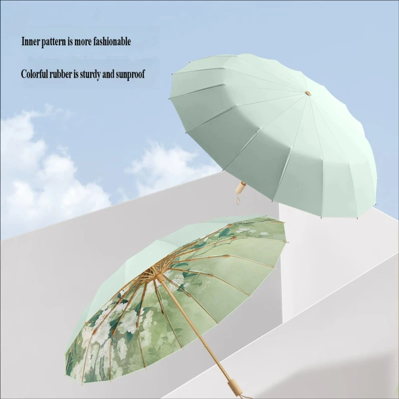 16-Rib 3-Fold Extra Large Sunshade Umbrella, Color Coated, UV Protection, Sun & Rain Dual Use