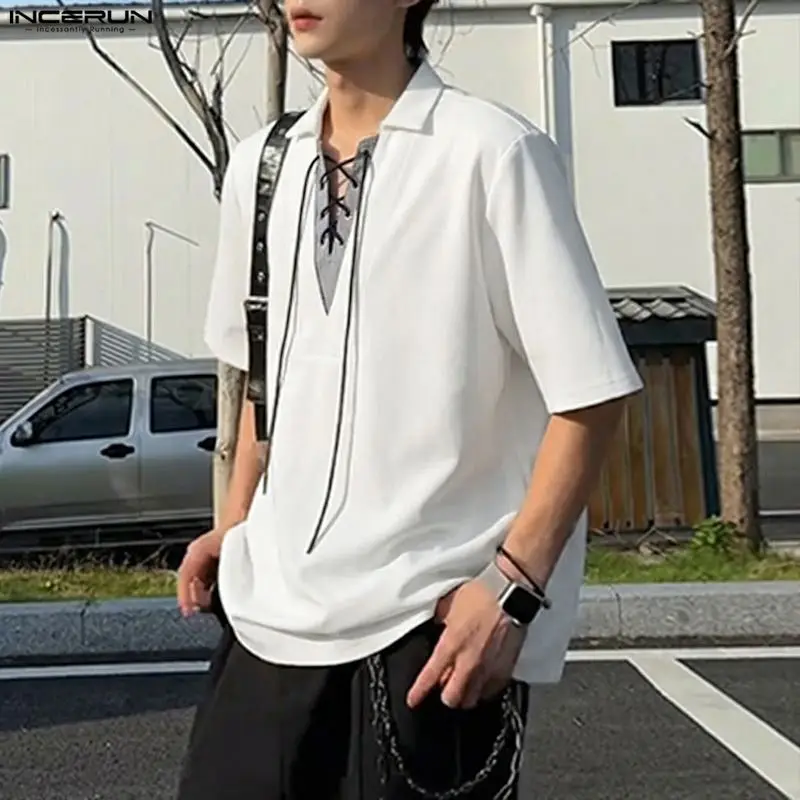 

INCERUN Men Shirt Lapel Short Sleeve Patchwork Lace Up Casual Men Clothing Streetwear Korean Style Summer 2026 Fashion Male Tops