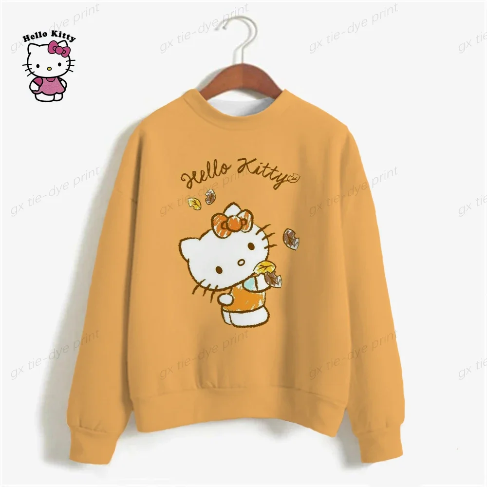 Woman Sweatshirts 2024 Sweet Korean O-neck Pullovers Thick Autumn Winter Candy Color Loose Hoodies HELLO KITTY Womens Clothing