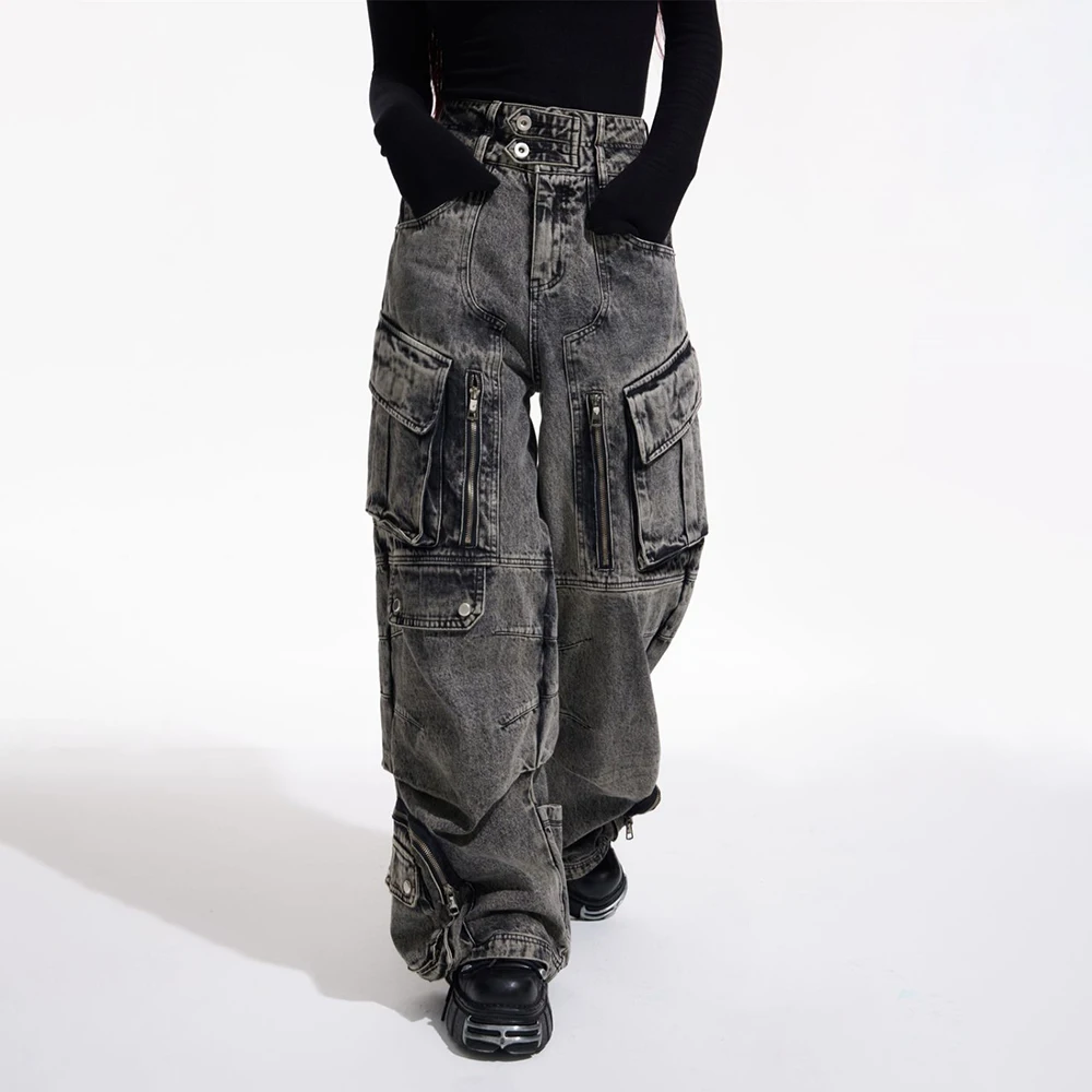 الرجال القوطية الجينز Y2k جيب كبير البضائع الجينز الشارع الشهير موضة اليابانية الشباب الحرم الجامعي واسعة الساق سراويل تقليدية الذكور ملابس للرجال #5