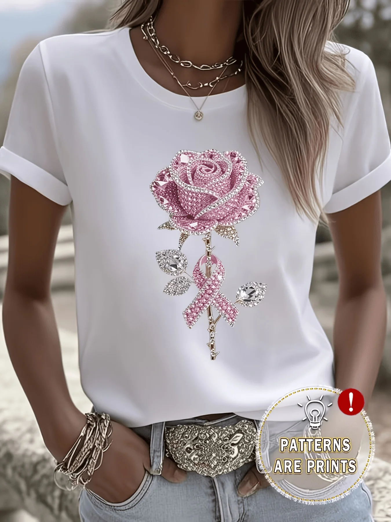 Diamond Studded Pink Rose Pattern Summer New Women's T-shirt Casual Fashion Printed T-shirt Elegant Women's Clothing