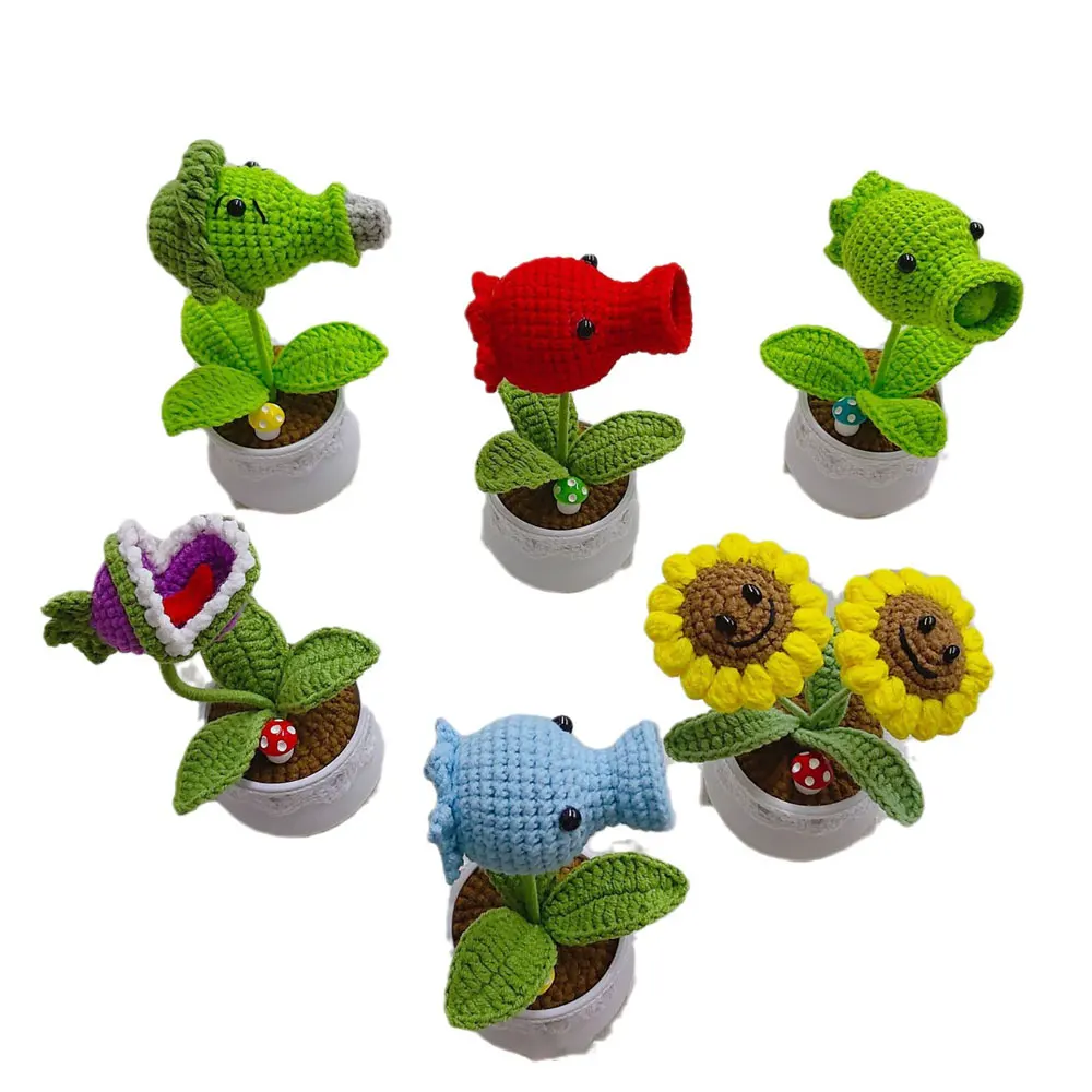 Plants Zombies Hand-Knitted Sunflower for Home Office Ideal Gifts Pea Flower Potted Plant Desk Decor for Friend Table Ornaments
