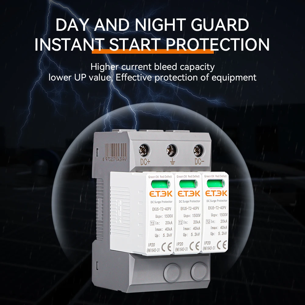 ETEC DC SPD House Surge Protective Device 2P 3P 600V 1000V 1500V Type PV 20-40KA Protector Arrester Low-voltage Protection EKU5