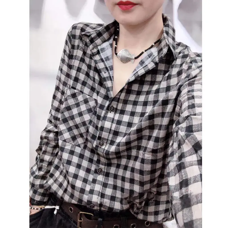 

Cotton Linen Autumn New Arrival Vintage Plaid Shirt Women's Fashion Versatile Loose Top