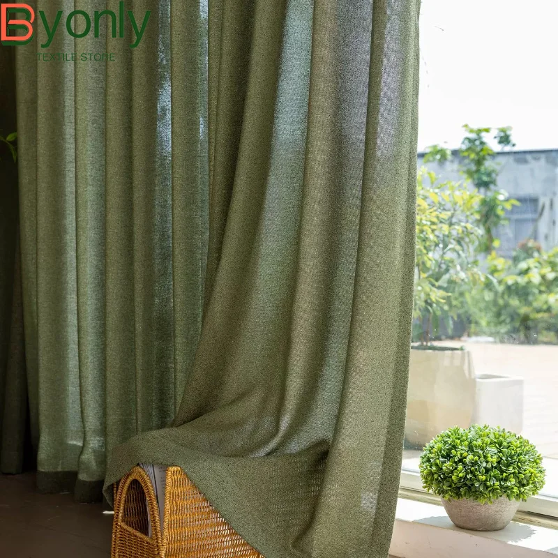 Vintage Olive Green Thickened Linen Curtains for Living Room French Window Customized Finished Window Screen Partition Curtain