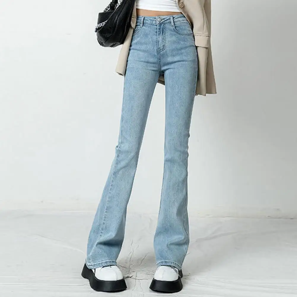 

Women Jeans High Waist Pockets Zipper Button Fly Women Jeans Slim Fit Elastic Flared Denim Pants Streetwear