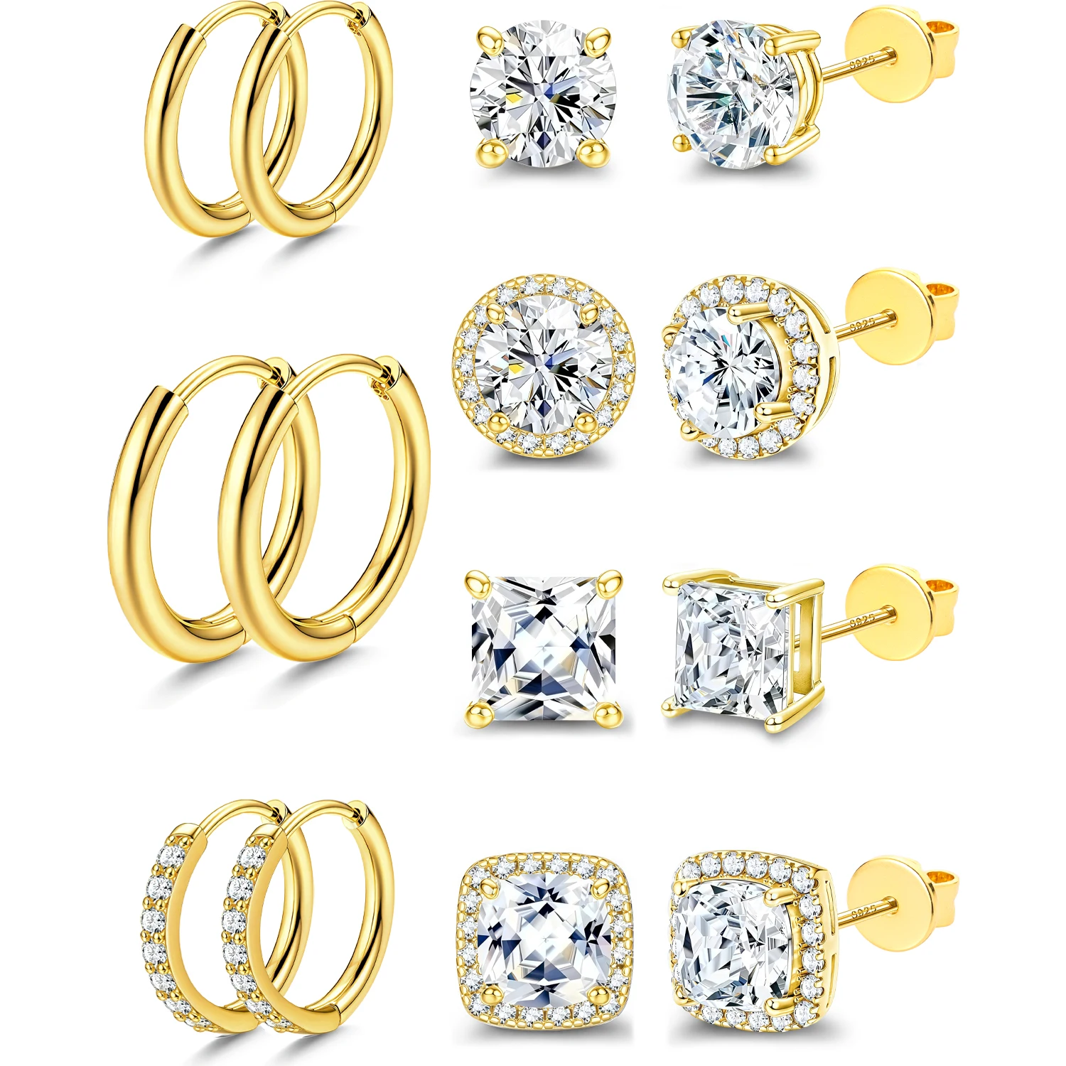 Hypoallergenic Earrings Set S925 Sterling Silver Post Gold Hoop Earrings Simulated Diamond Stud Earrings for Women
