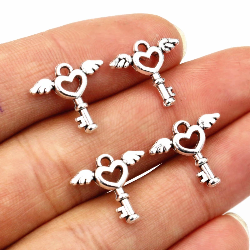 50pcs Charms Wing Fly Key 15x14mm Antique Bronze Silver Color Pendants Making DIY Handmade Jewelry Factory Wholesale