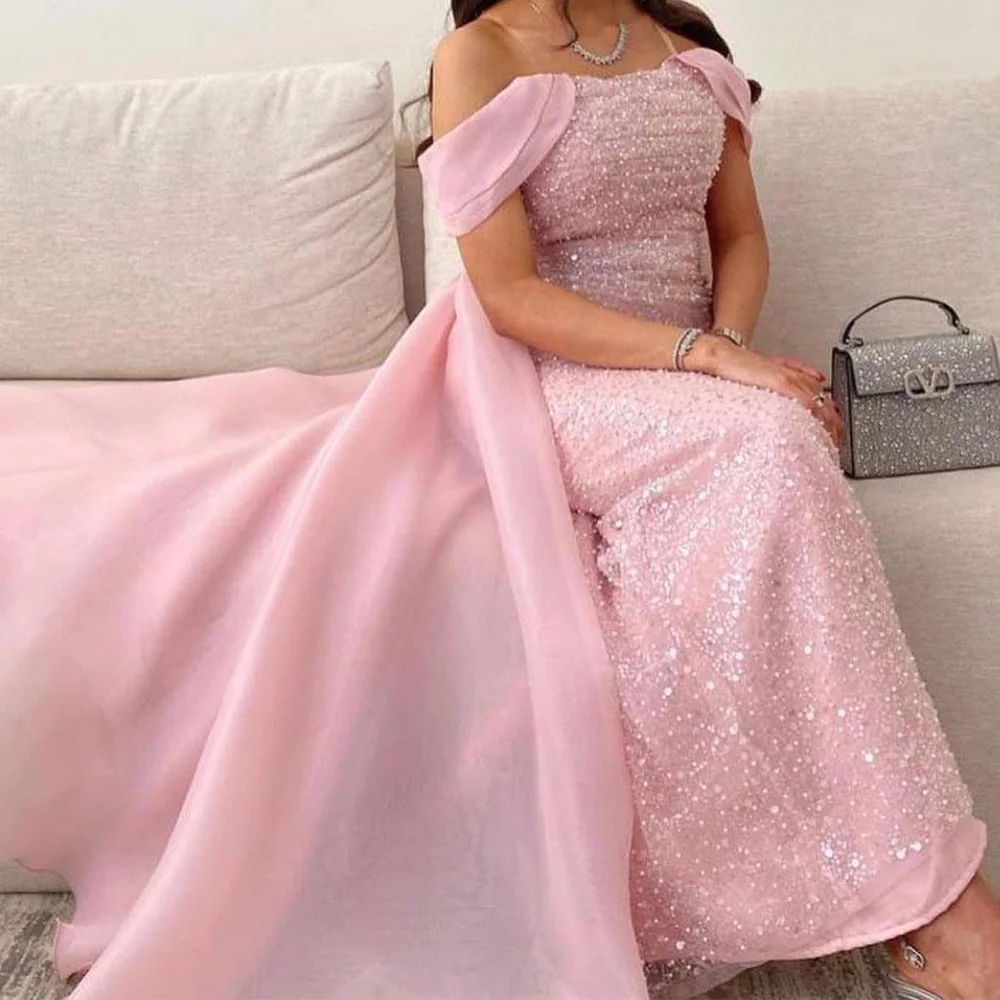 Elegant Luxury Evening Dress 2024 Off the Shoulder Short Sleeves Straight Floor Length Sweep Train Solid Color Crystal Exquisite