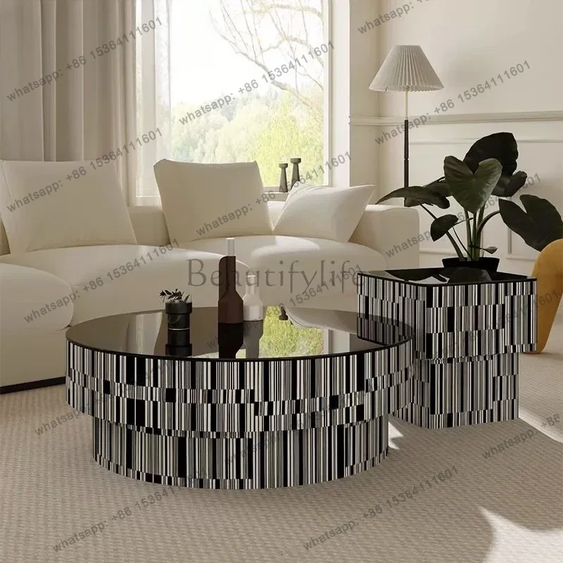 

yj5 Italian minimalist black and white grid coffee table round table glass French side table size combination