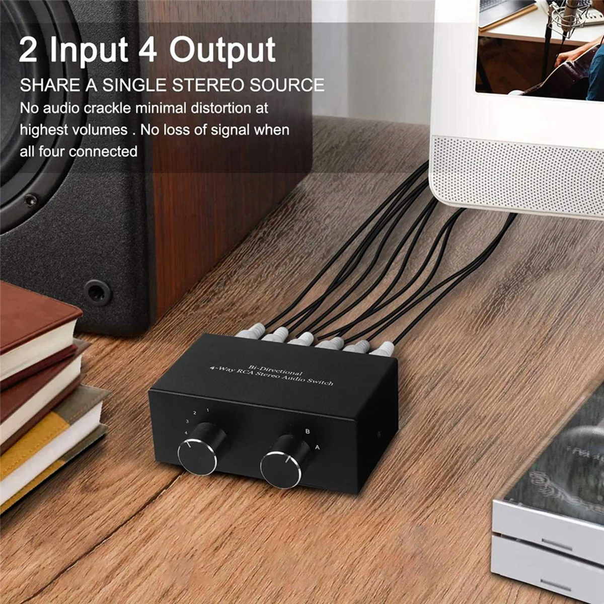 Switch Audio Stereo RCA bidirezionale a 4 vie Switcher Audio canale Audio L/R, Splitter Audio 2 in 4 Out o 4 in 2 Out